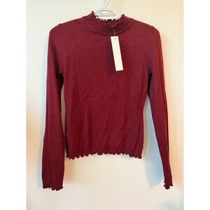 The Work Shop Burgundy Mock Neck Lettuce Edge Long Sleeve Knit Top Large